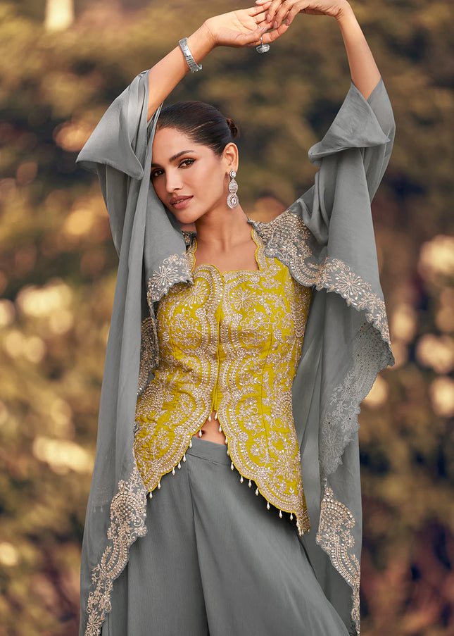 Grey and Yellow Embroidered Jacket Style Sharara Suit