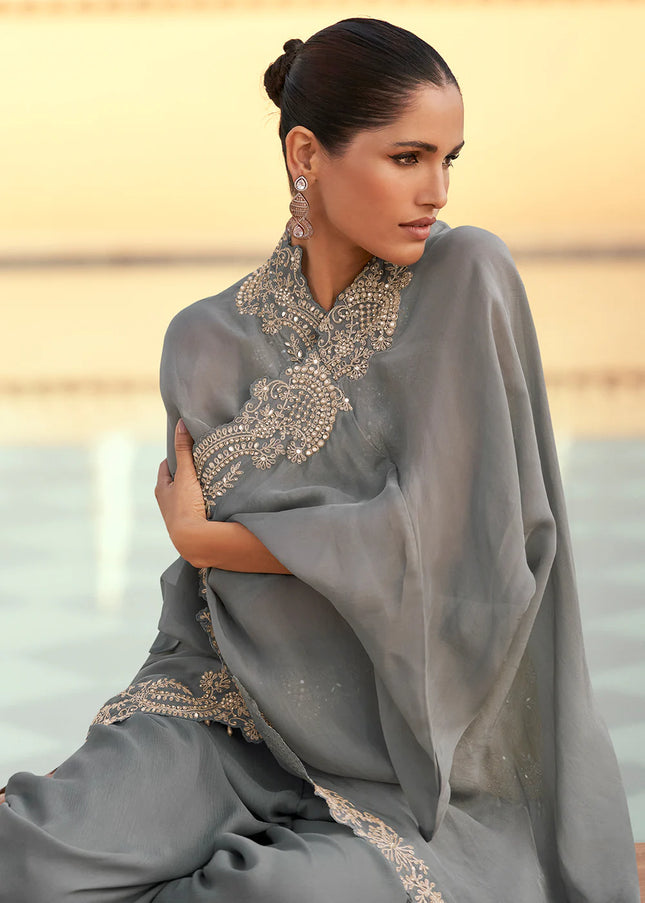 Grey and Yellow Embroidered Jacket Style Sharara Suit