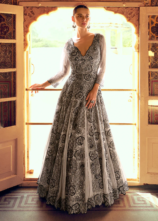 Grey Embroidered Anarkali Gown