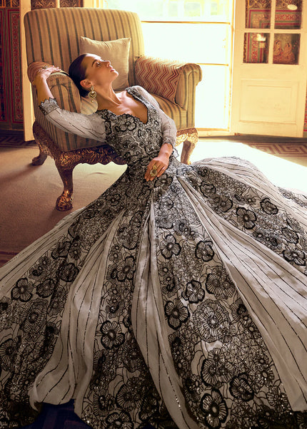 Grey Embroidered Anarkali Gown