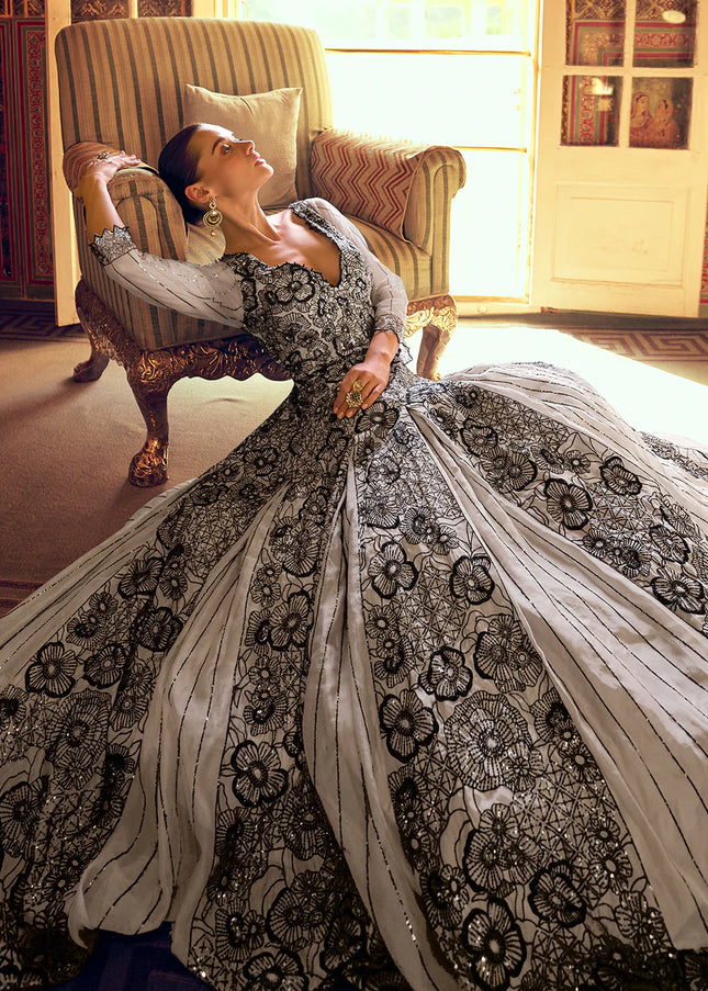 Grey Embroidered Anarkali Gown