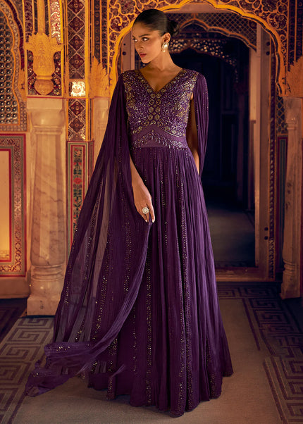 Purple Embroidered Jacket Style Anarkali Gown