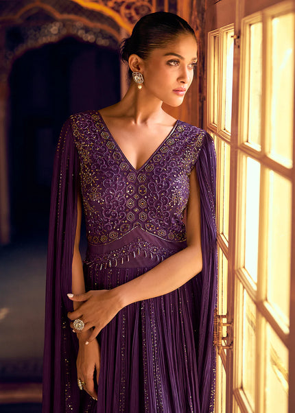 Purple Embroidered Jacket Style Anarkali Gown