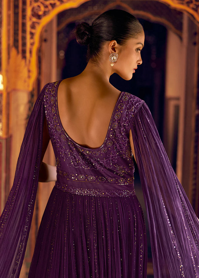 Purple Embroidered Jacket Style Anarkali Gown
