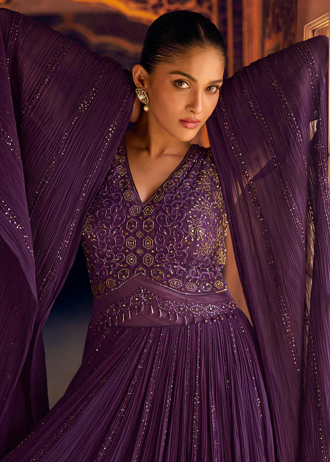 Purple Embroidered Jacket Style Anarkali Gown