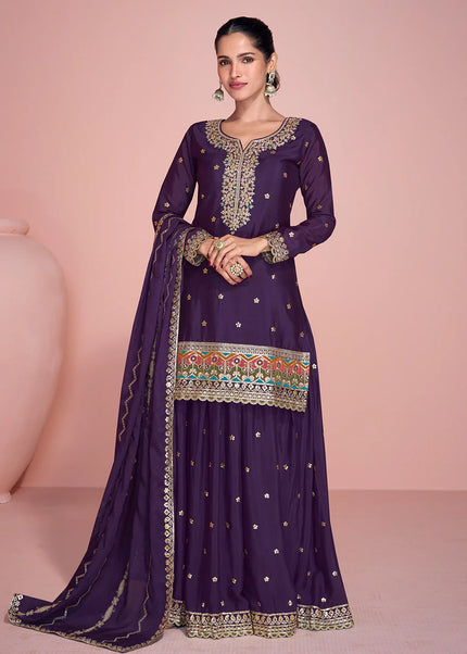 Purple Embroidered Sharara Suit