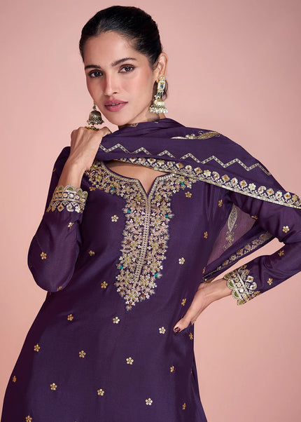 Purple Embroidered Sharara Suit