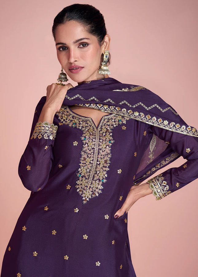 Purple Embroidered Sharara Suit