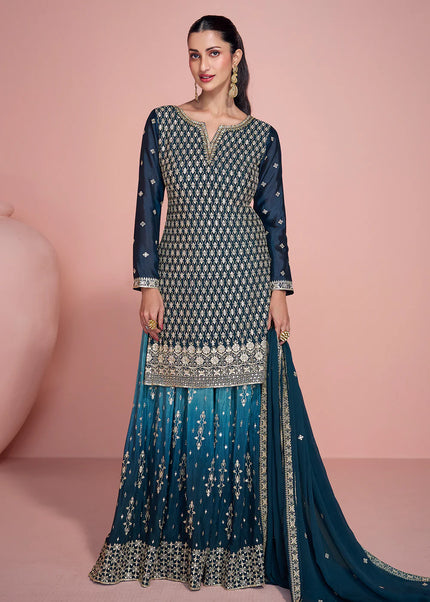 Blue and Teal Embroidered Sharara Suit