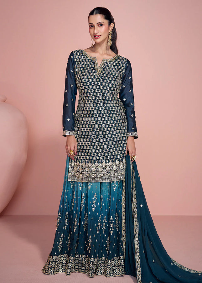 Blue and Teal Embroidered Sharara Suit