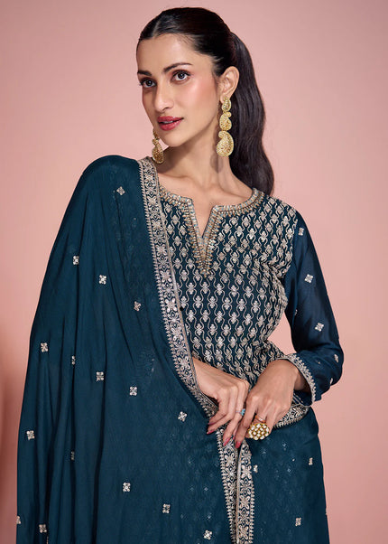 Blue and Teal Embroidered Sharara Suit