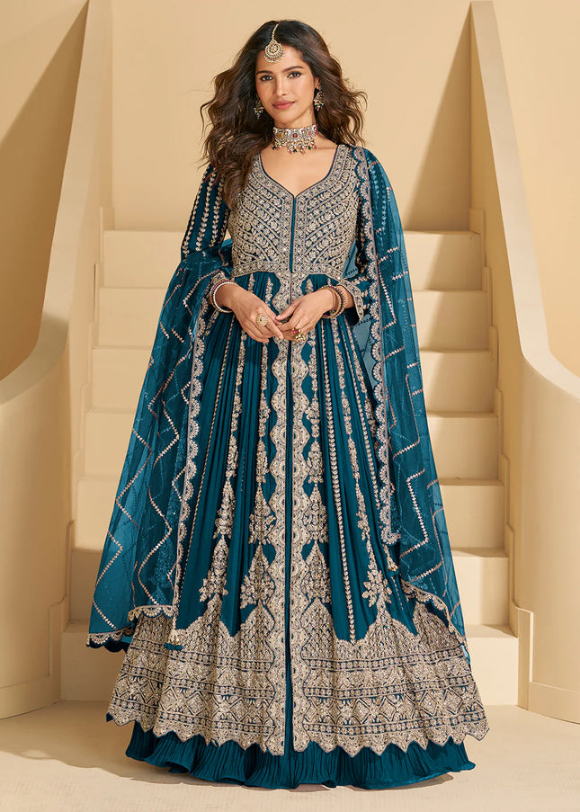 Teal Embroidered Lehenga Anarkali