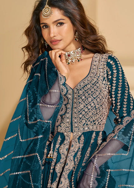Teal Embroidered Lehenga Anarkali