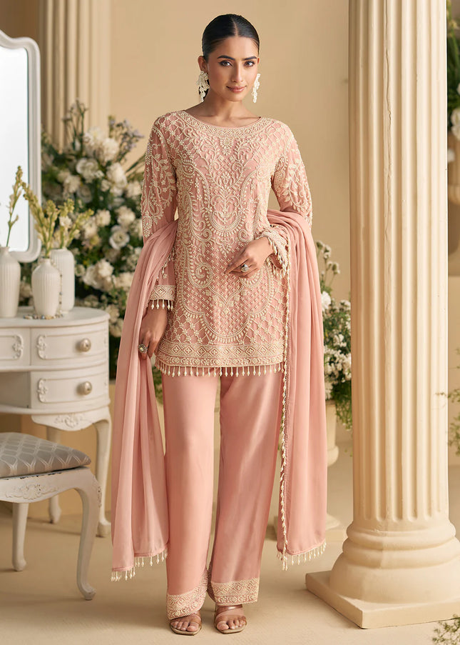 Peach Embroidered Pant Style Suit