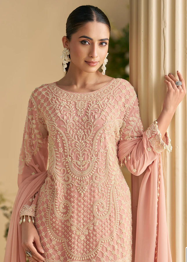 Peach Embroidered Pant Style Suit
