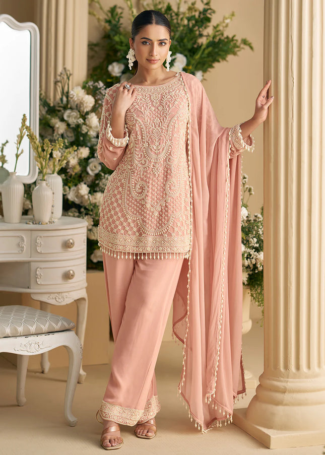 Peach Embroidered Pant Style Suit
