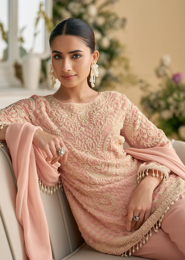 Peach Embroidered Pant Style Suit