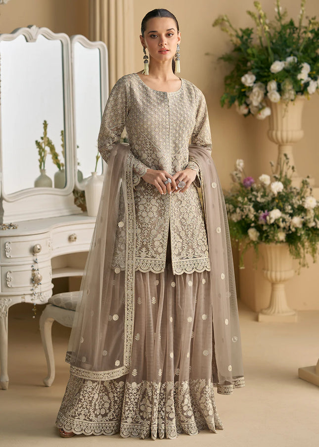 Grey Embroidered Sharara Suit