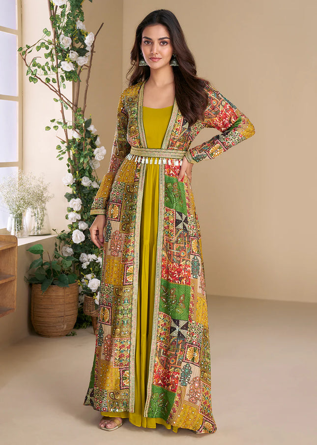Mustard Yellow Multicolor Embroidered Jacket Style Anarkali Gown