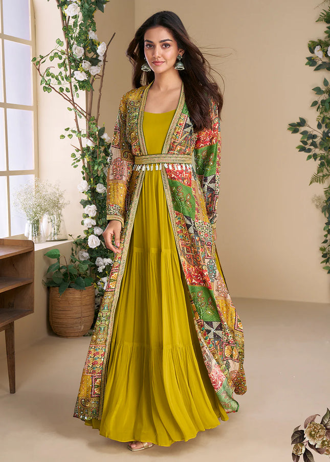 Mustard Yellow Multicolor Embroidered Jacket Style Anarkali Gown