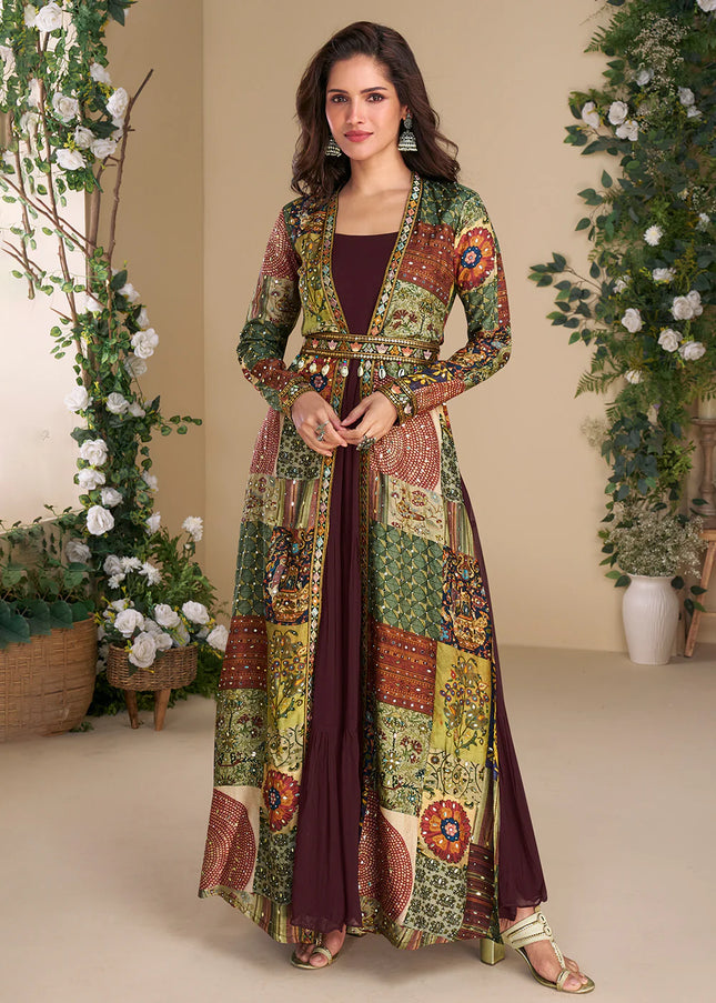 Maroon Multicolor Embroidered Jacket Style Anarkali Gown