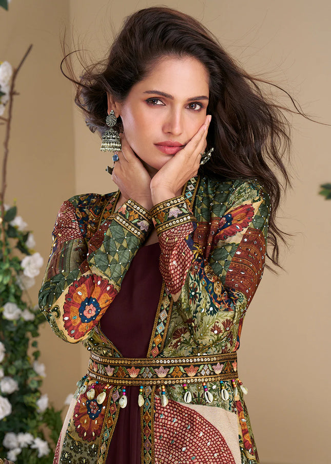 Maroon Multicolor Embroidered Jacket Style Anarkali Gown