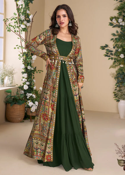Green Multicolor Embroidered Jacket Style Anarkali Gown