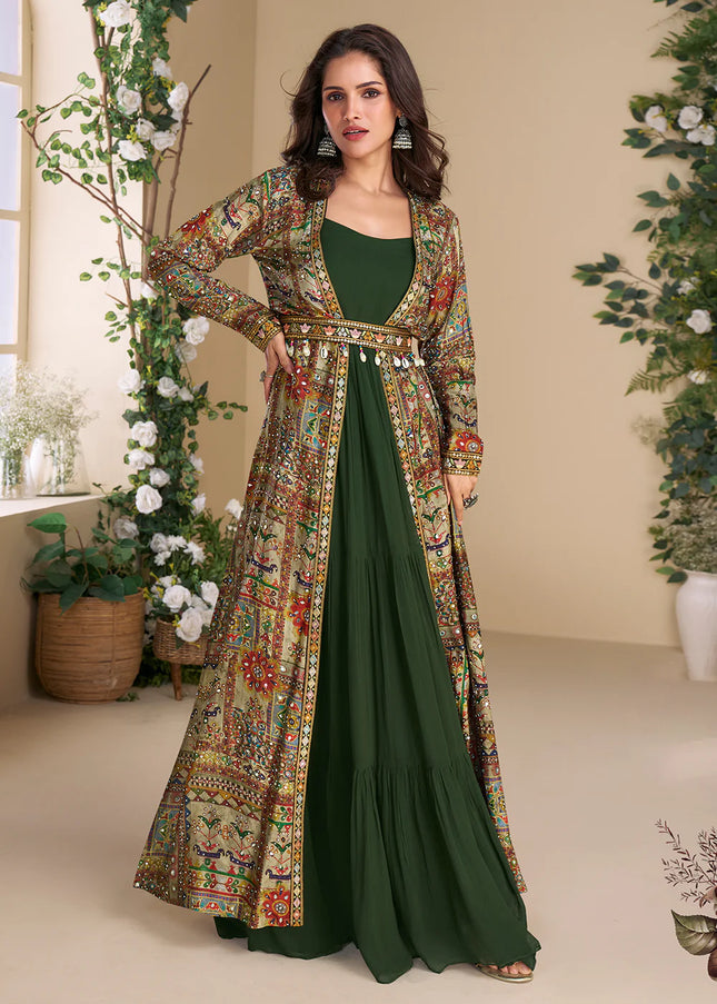 Green Multicolor Embroidered Jacket Style Anarkali Gown