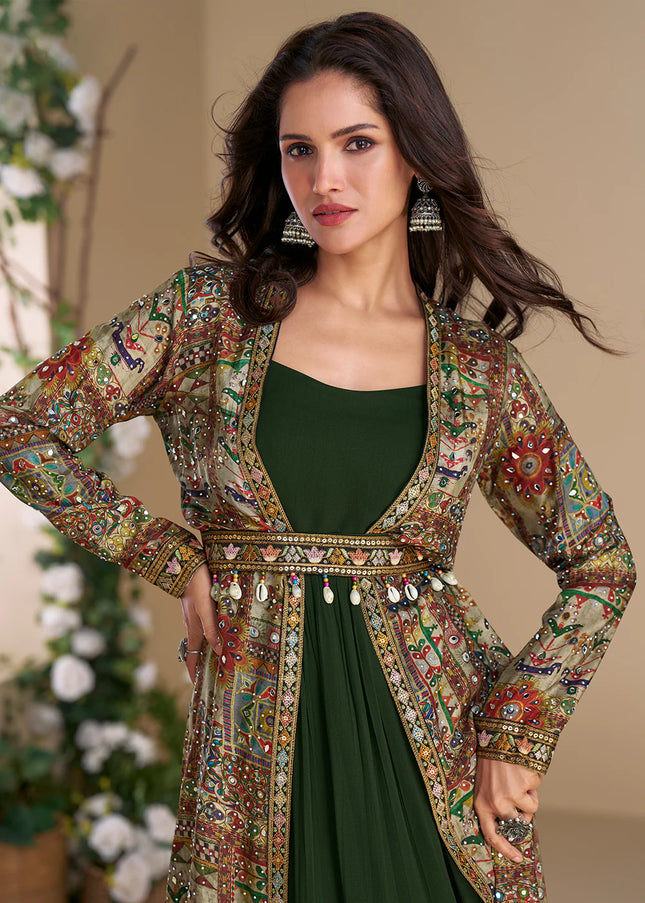 Green Multicolor Embroidered Jacket Style Anarkali Gown