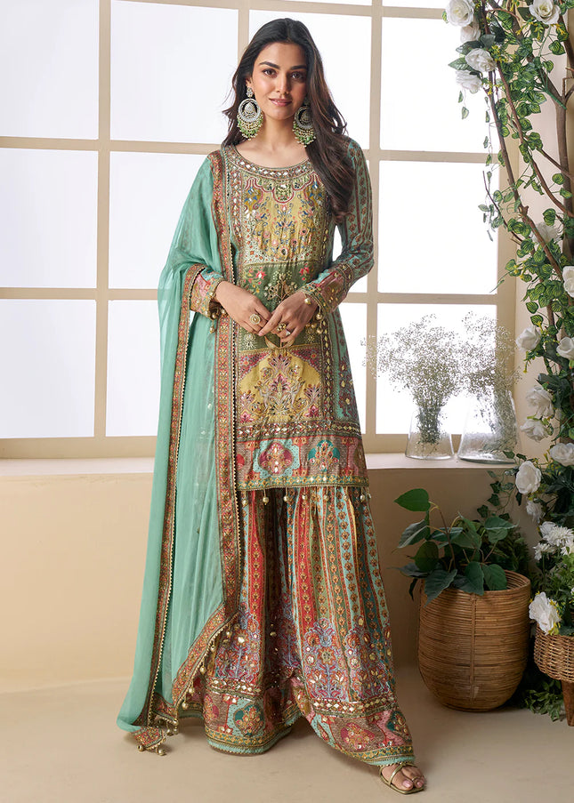 Green Multicolor Embroidered Sharara Suit