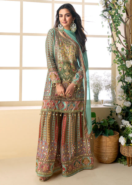 Green Multicolor Embroidered Sharara Suit