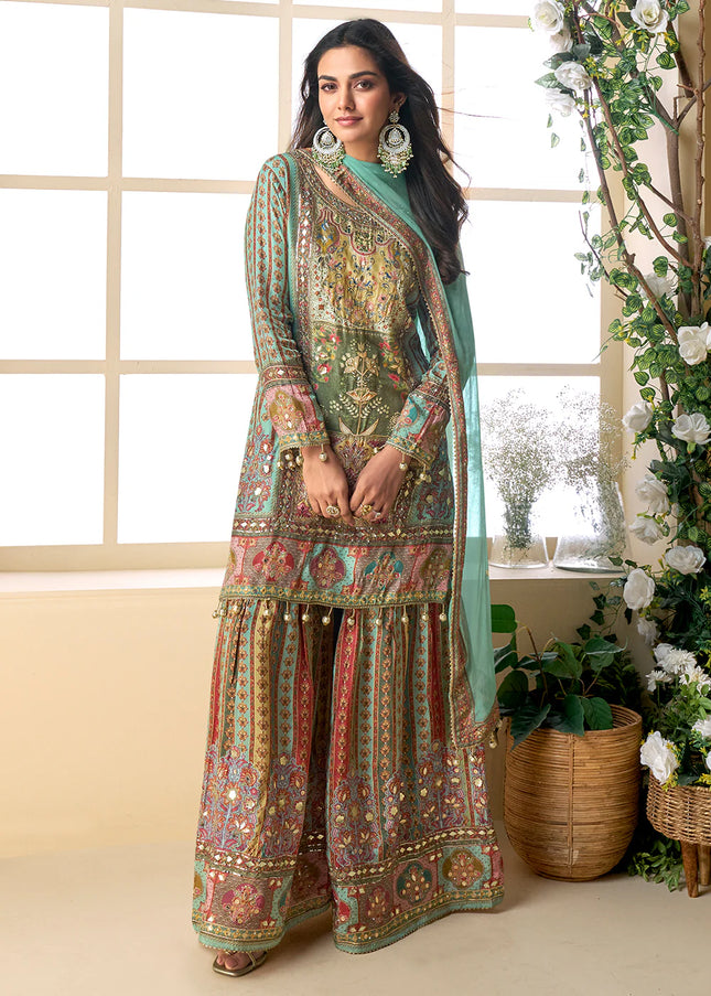 Green Multicolor Embroidered Sharara Suit