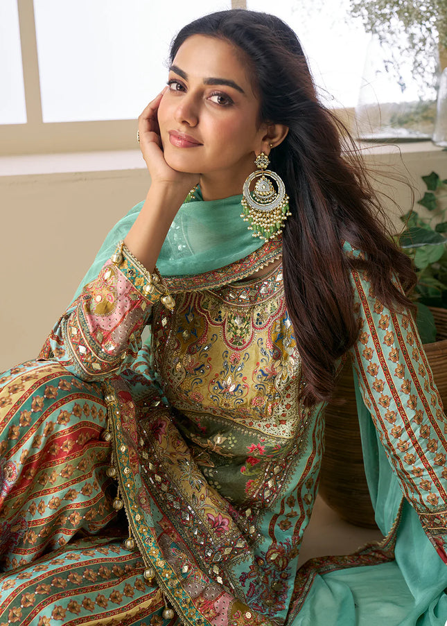 Green Multicolor Embroidered Sharara Suit