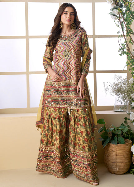 Yellow Multicolor Embroidered Gharara Suit