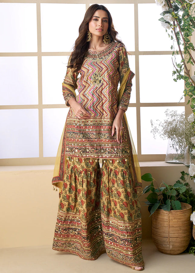 Yellow Multicolor Embroidered Gharara Suit
