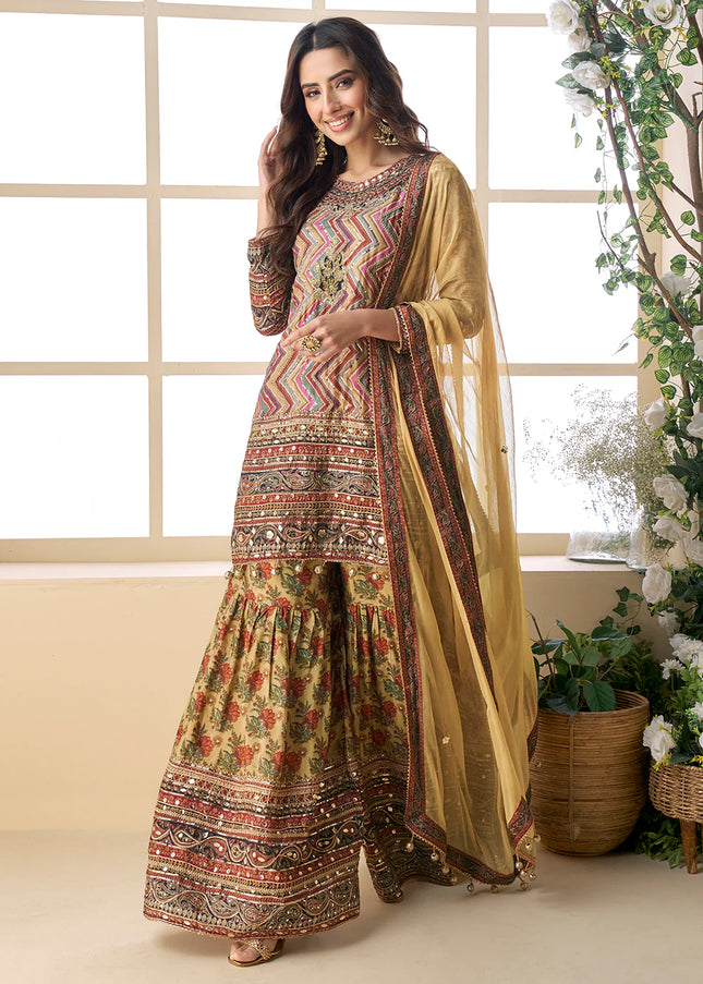 Yellow Multicolor Embroidered Gharara Suit