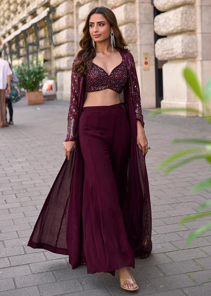 Purple Embroidered Jacket Style Sharara Suit