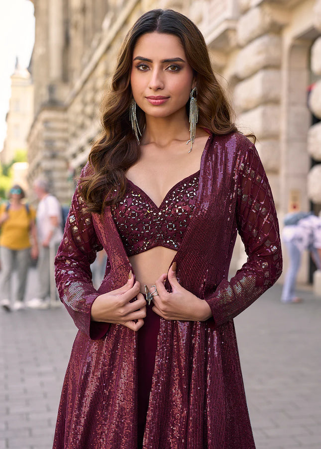 Purple Embroidered Jacket Style Sharara Suit