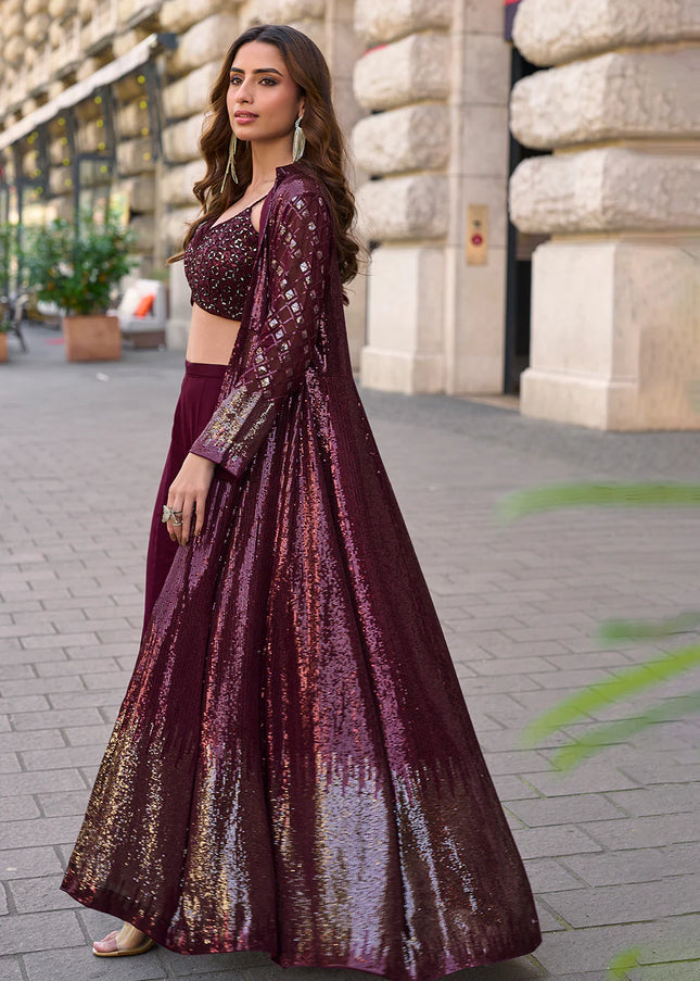 Purple Embroidered Jacket Style Sharara Suit
