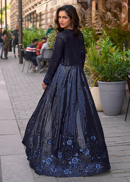 Navy Blue Embroidered Jacket Style Sharara Suit