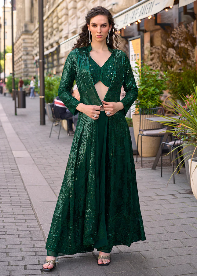 Green Embroidered Jacket Style Sharara Suit