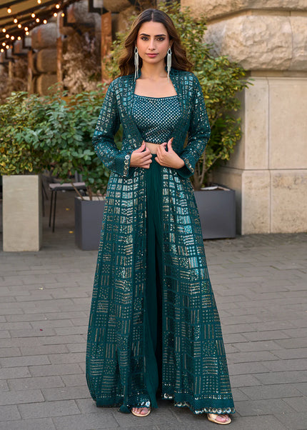 Teal Embroidered Jacket Style Sharara Suit