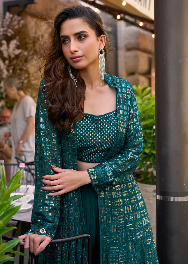 Teal Embroidered Jacket Style Sharara Suit