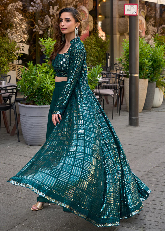 Teal Embroidered Jacket Style Sharara Suit