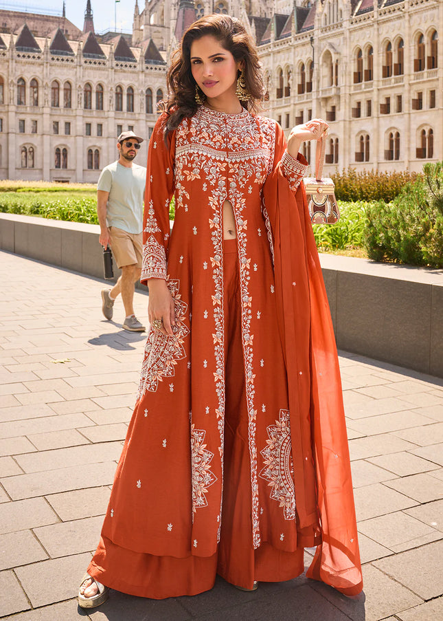 Orange Embroidered Sharara Suit