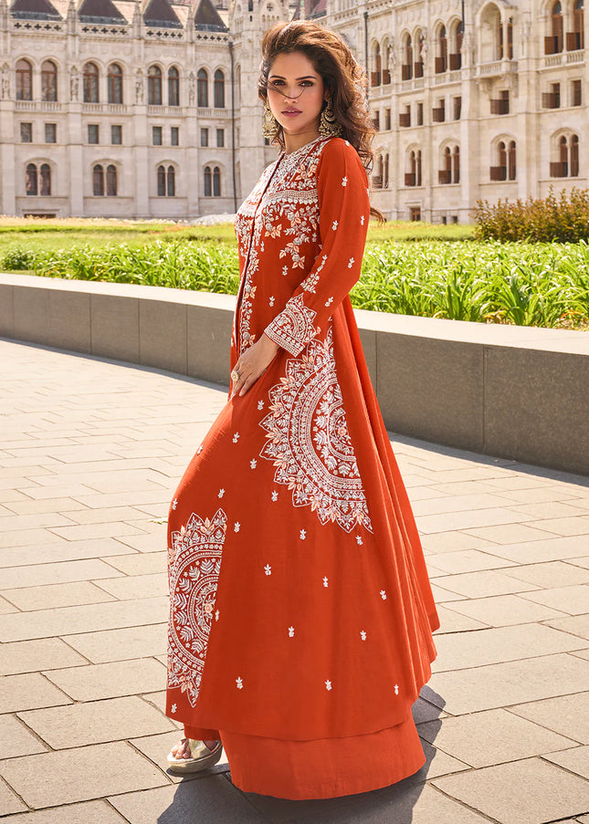 Orange Embroidered Sharara Suit