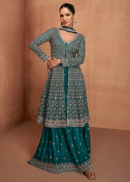 Teal Embroidered Sharara Suit