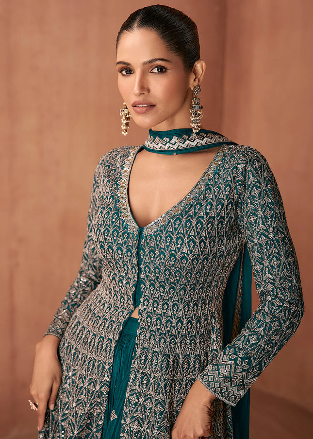 Teal Embroidered Sharara Suit
