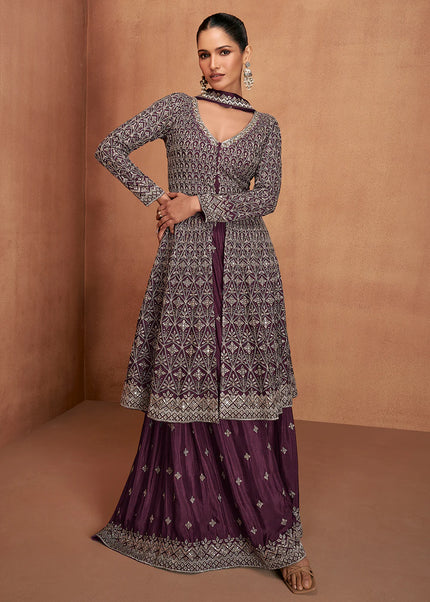 Purple Embroidered Sharara Suit