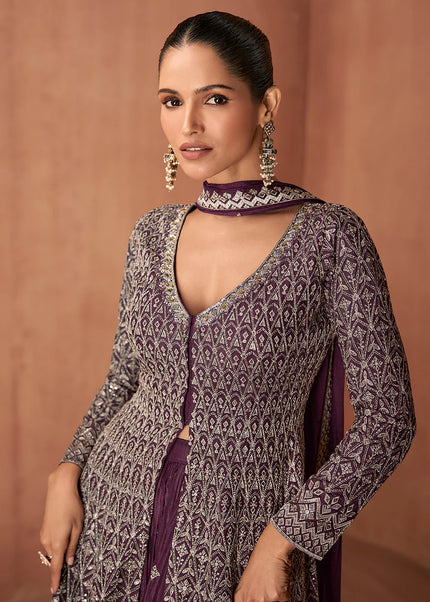 Purple Embroidered Sharara Suit